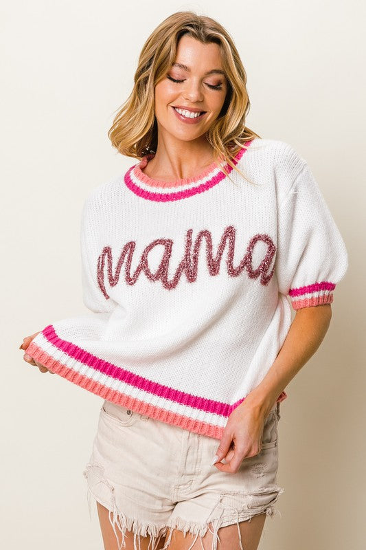 Puff Sleeve "Mama" Metallic Letter Sweater