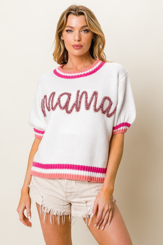 Puff Sleeve "Mama" Metallic Letter Sweater