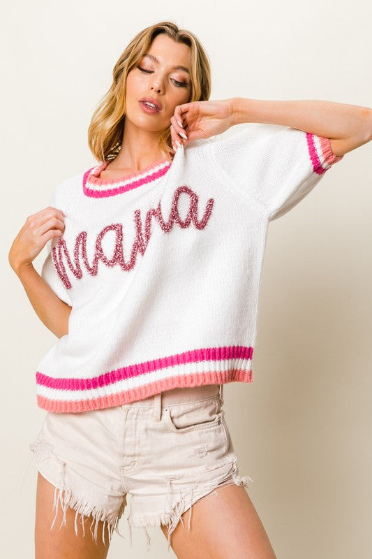 Puff Sleeve "Mama" Metallic Letter Sweater