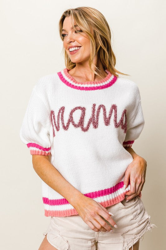 Puff Sleeve "Mama" Metallic Letter Sweater