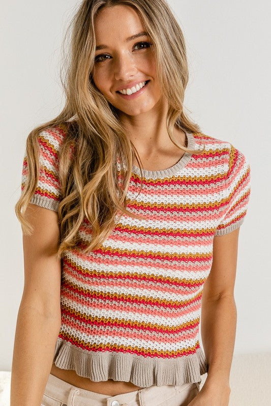 Ruffle Hem Short Sleeve Striped Crochet Top