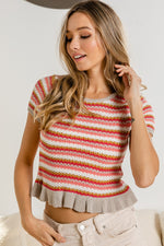 Ruffle Hem Short Sleeve Striped Crochet Top