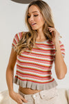 Ruffle Hem Short Sleeve Striped Crochet Top
