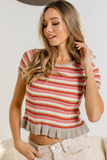 Ruffle Hem Short Sleeve Striped Crochet Top