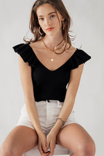 Ribbed Knit Ruffle Shoulder Top (Black)