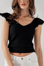 Ribbed Knit Ruffle Shoulder Top (Black)