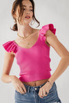 Ribbed Knit Ruffle Shoulder Top (Pink)