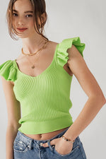 Ribbed Knit Ruffle Shoulder Top (Green)