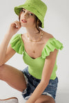 Ribbed Knit Ruffle Shoulder Top (Green)