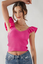 Ribbed Knit Ruffle Shoulder Top (Pink)