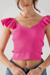 Ribbed Knit Ruffle Shoulder Top (Pink)