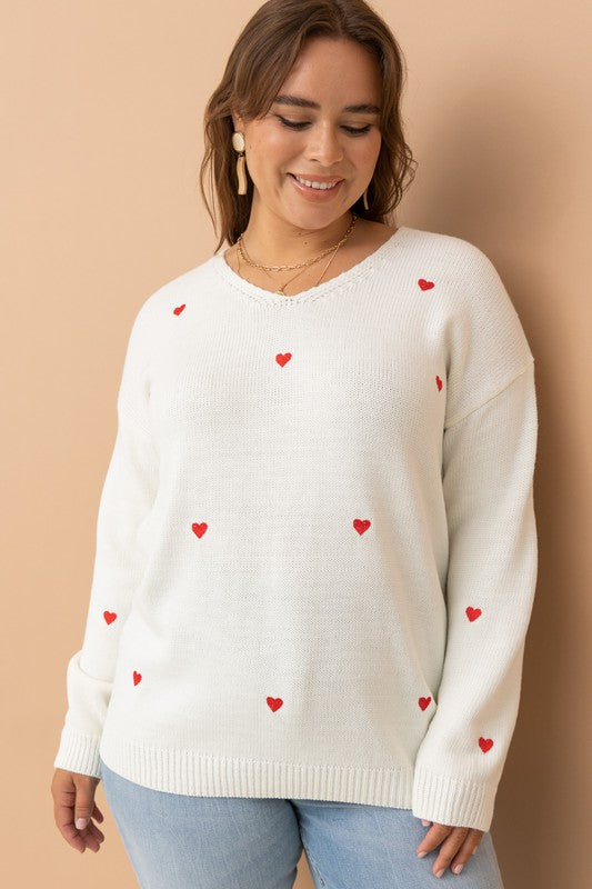 Heart Embroidery Scoop Neck Sweater (Plus Size)