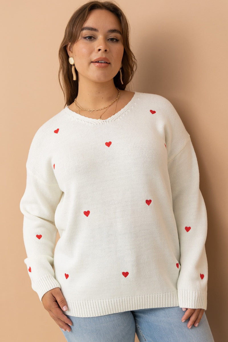 Heart Embroidery Scoop Neck Sweater (Plus Size)