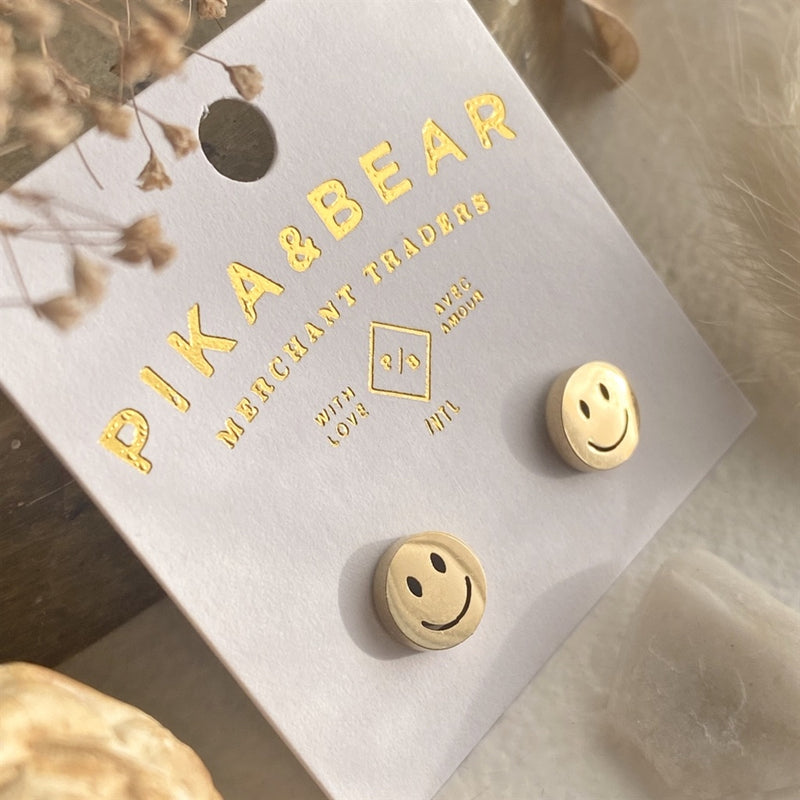 "Don't Worry, Be Happy" Happy Face Stud Earrings (Gold)