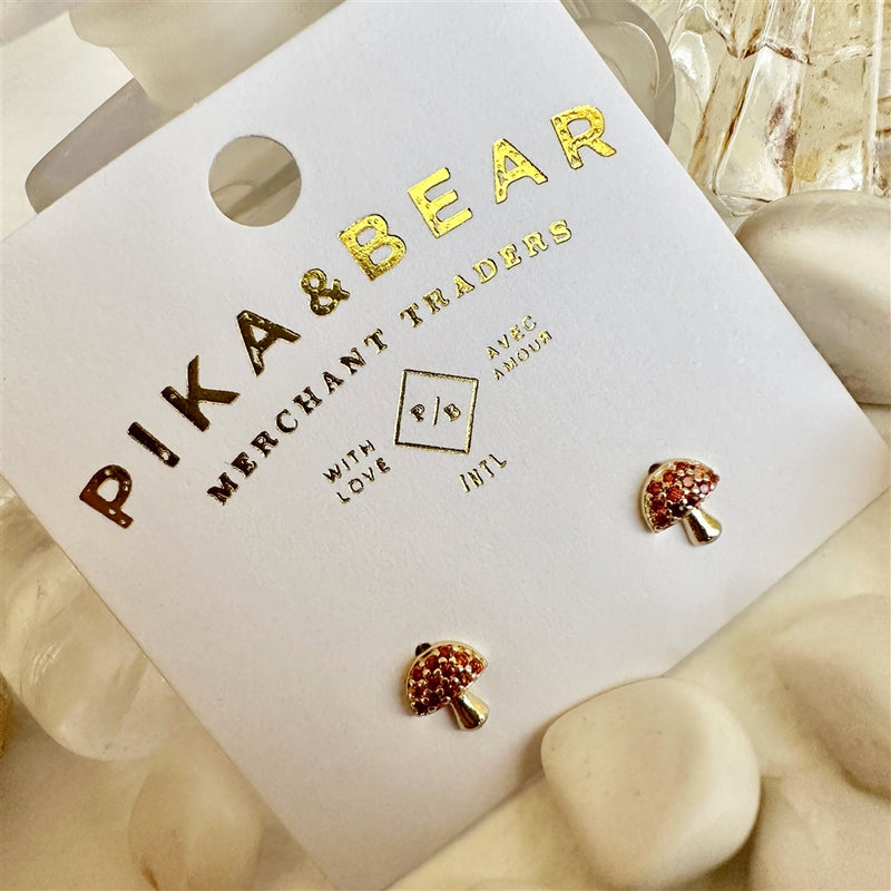 "Peyo" Gem Encrusted Mushroom Stud Earrings w/ Sterling Silver Posts (Gold)