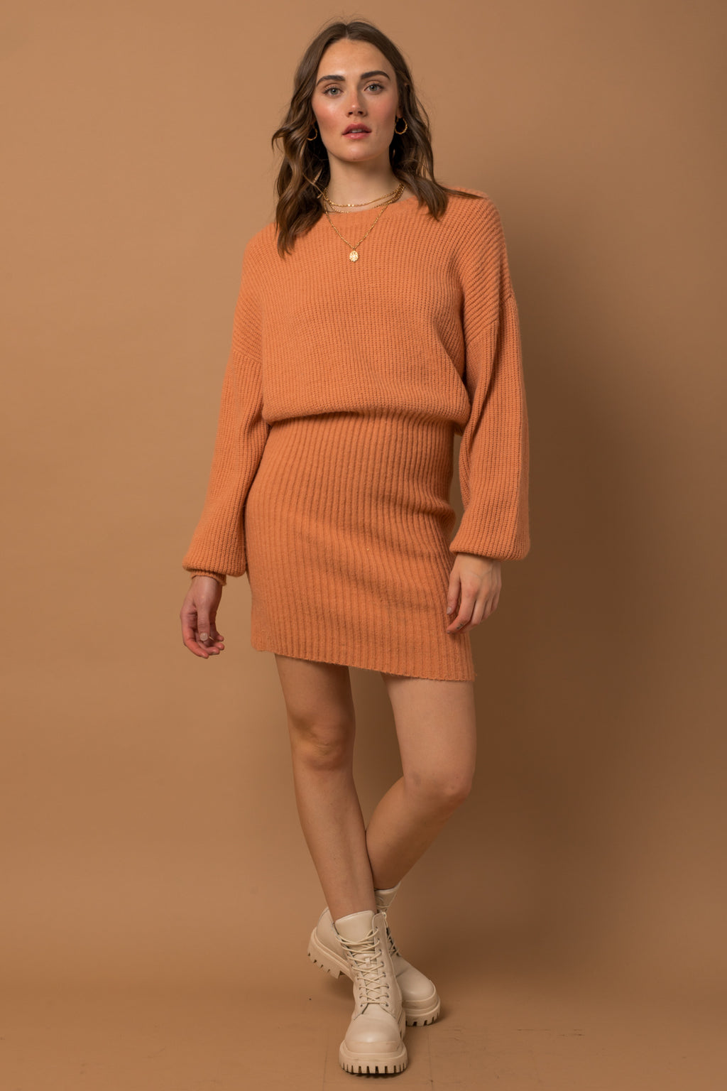 Long Sleeve Blouson Sweater Dress (Apricot)