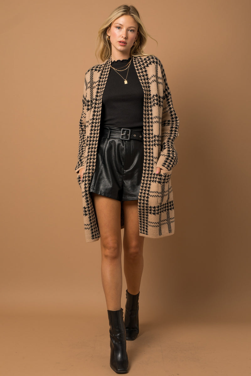 Houndstooth Pattern Front Pocket Long Cardigan
