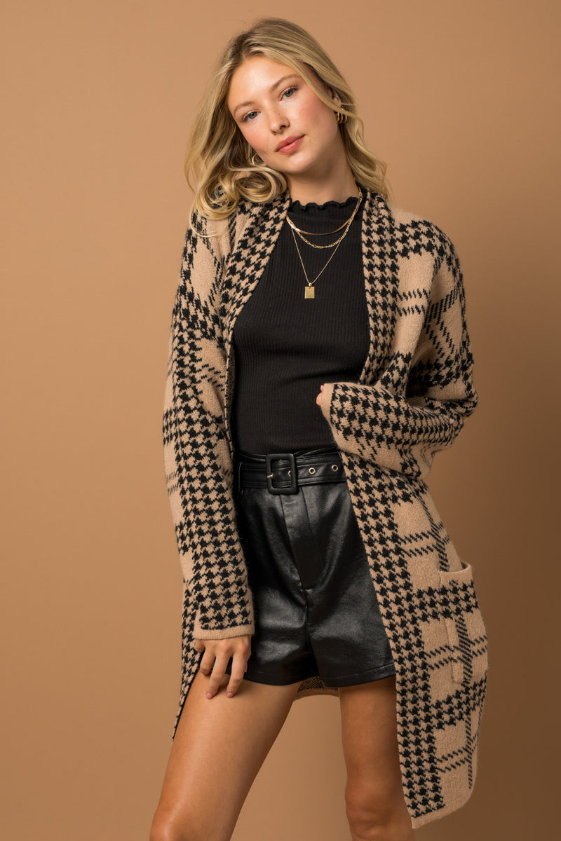 Houndstooth Pattern Front Pocket Long Cardigan