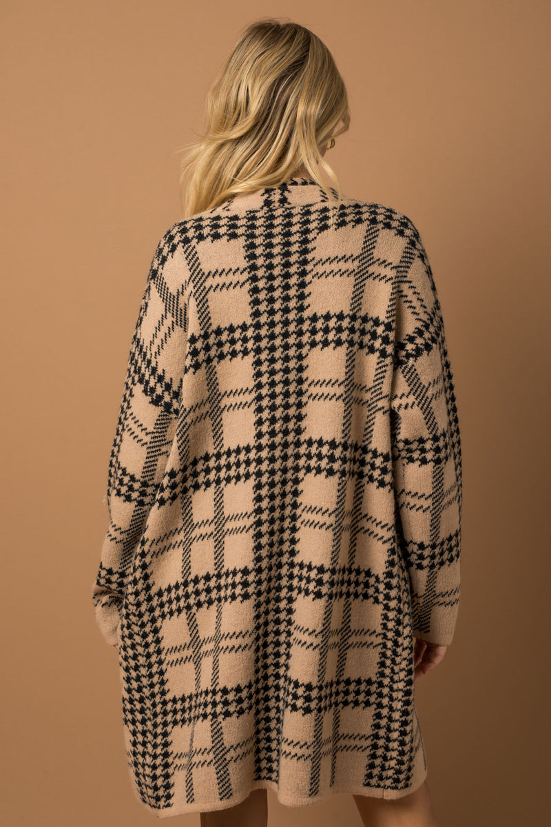 Houndstooth Pattern Front Pocket Long Cardigan