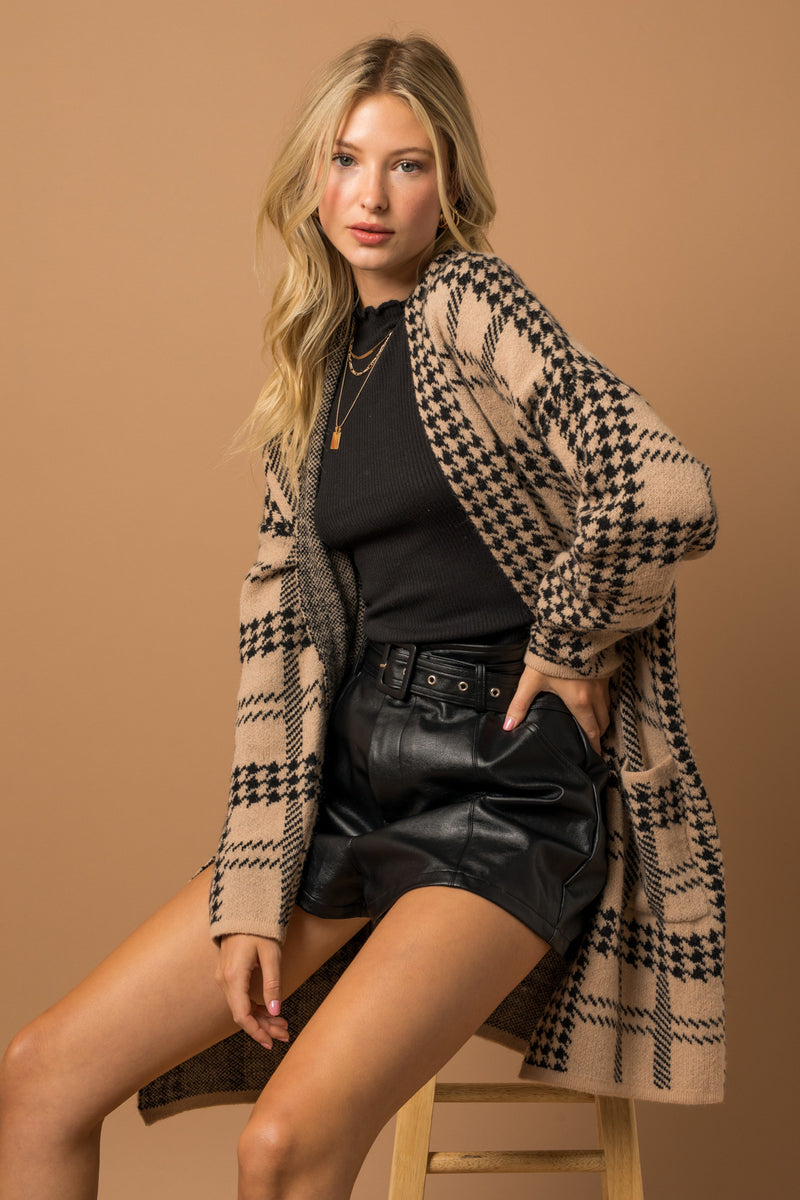 Houndstooth Pattern Front Pocket Long Cardigan