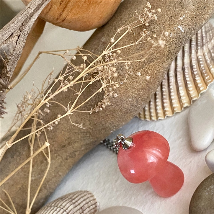 "Bolete" Stone Mushroom Pendant Necklace (Strawberry Quartz)