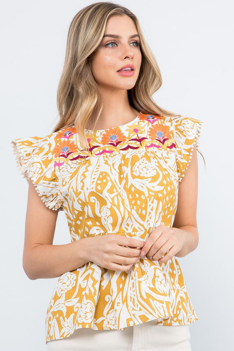 Embroidery Detail Cap Sleeve Top