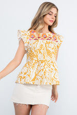 Embroidery Detail Cap Sleeve Top