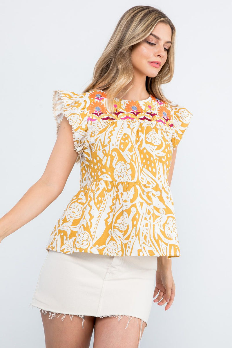 Embroidery Detail Cap Sleeve Top