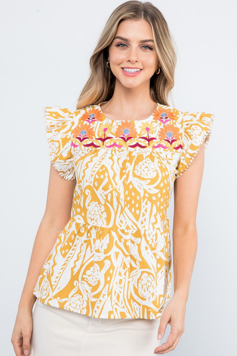 Embroidery Detail Cap Sleeve Top