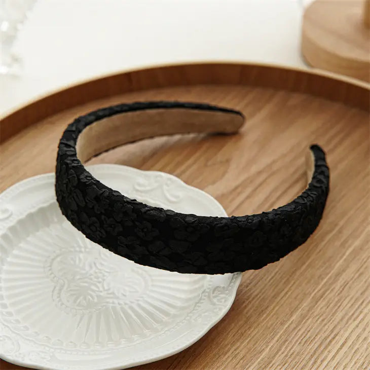 Floral Lace Padded Headband  (Black)